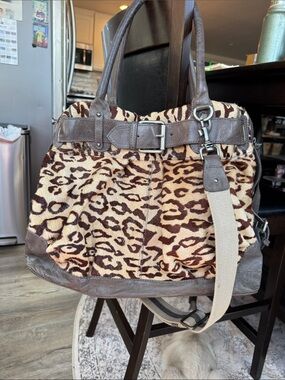 Dulce Brown Haircalf Leopard Print Tote Bag with Leather Trim